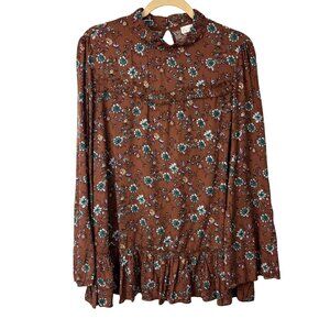 Weekend Suzanne Betro S Brown Floral Print Retro Flowy Boho Top Peasant Blouse